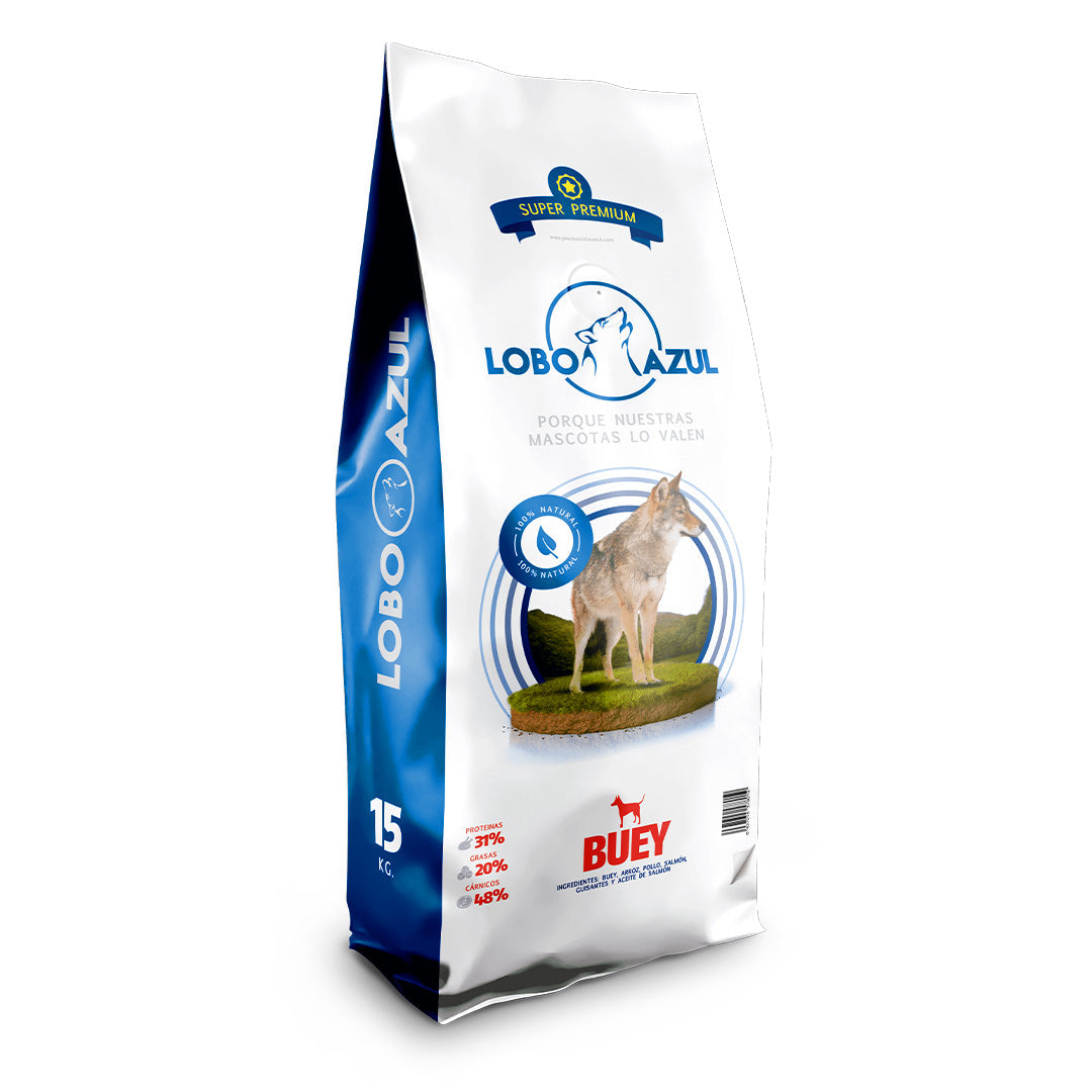 Buey, pienso super premium sin gluten Lobo Azul para perros adultos